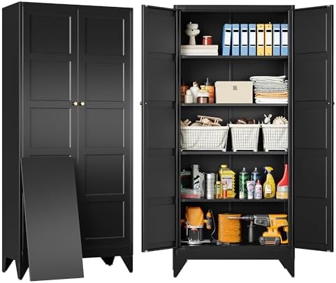 SISESOL Pantry Storages Cabinet with 2 Doors and 5 Shelves,Tall Storage Cabinet,Large Cupboard Closet,Metal Storage Cabinet for Home,Bathroom,Dining/Living Room (Black, 71" H) by SISESOL