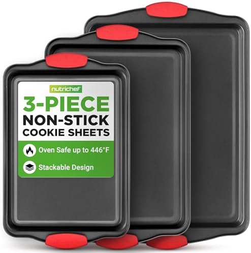NutriChef 3-Piece Cookie Sheets for Baking, Non-Stick Baking Pans Set with Silicone Handles, Stackable Oven Trays in Small, Medium & Large Sizes for Professional and Everyday Use, 2026 Edition by NutriChef%E2%84%A2Kitchen