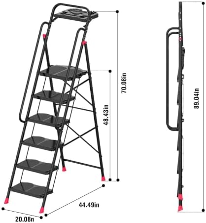 6 Step Foldable Step Ladder with Roomy Tool Tray & Secure Handrail, Wide Pedals Platform Stool 800lbs Capacity for Adults Home Kitchen - Image 6
