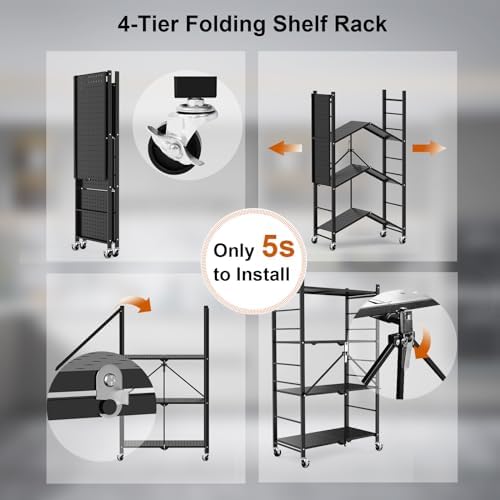 Himix 4-Tier Foldable Storage Shelf with Wheels 20 Hooks Black No Assembly - Image 5