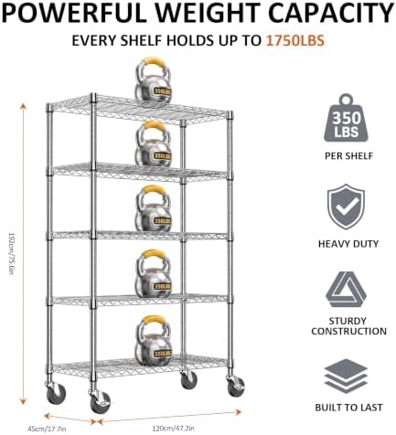 IZEUK Heavy Duty 5-Tier Metal Shelving Rack Rolling for Garage Storage - Image 3