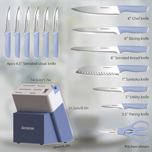 Astercook Kitchen Knife Set with Block and Sharpener 15 Piece German High Carbon Stainless Steel Sharp Blade Dishwasher Safe with Ergonomic Handle, Delicate Blue - Image 5