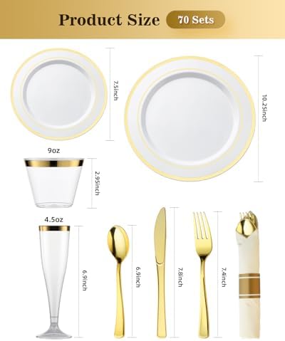Goodluck 560PCS Fancy Disposable Dinnerware, White Gold Plate for 70 Guests - Image 2