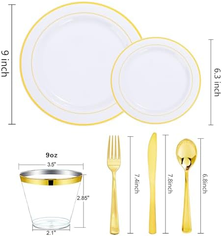 WELLIFE Gold Disposable Dinnerware Set for 100 Guests - 600PC BPA-Free Plastic Plates & Cutlery Kit with 100 Dinner Plates, Salad Plates, Forks, Knives, Spoons & Cups for Party, Catering (Heavy-Duty) - Image 6