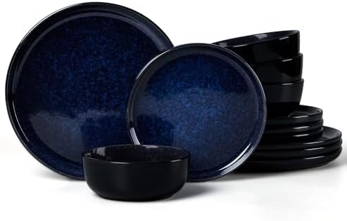 LIANYU Ceramic Plates and Bowls for 4, 12 Piece Dishes Sets, Midnight Blue by LIANYU