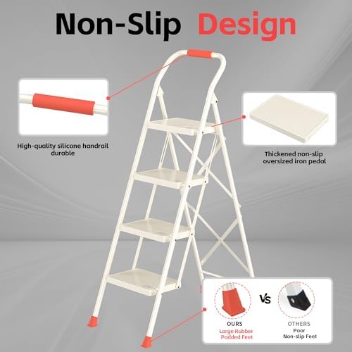 Step Ladder Foldable Folding Stool - for Home Adults Kitchen 4 Stepping Extension Tall Heavy Duty with Handrails - Closet Stepstool Stair Ladders Extendable Stepladder for Indoor House 600Lbs - Image 4