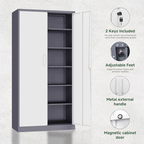 Letaya Metal Storage Cabinet with Lock Door and 5 Shelves,6 Tier Steel Garage Tool Cabinet for Home Office Utility Room 72" H X 36" W X18 D (White Gray) - Image 5