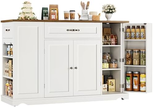 HOSTACK 47" W Kitchen Island Cart with Storage, Rolling Island Table, White by HOSTACK