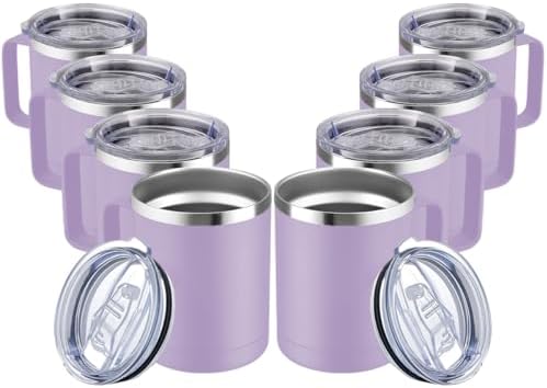 MEWAY 12oz Coffee Mug With Handle and Sliding Lid,Stainless Steel Travel Tumbler Cup with Handle,Double Wall Vacuum Insulated Camping Cup for Hot & Cold Drinks Tea (Lilac,Set of 8) by MEWAY