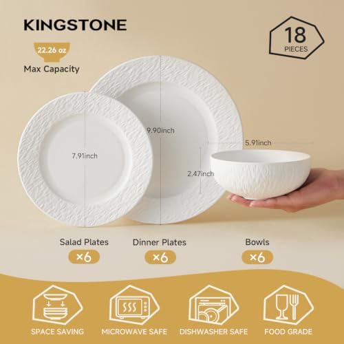 KINGSTONE Dinnerware Sets for 6, 18-Piece plates and bowls sets, Matte Marble - Image 2