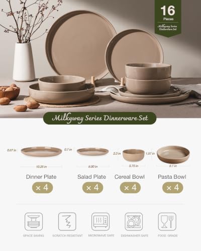 Famiware Milkyway 16-Piece Dinnerware Set with Pasta Bowls, Cinnamon Brown - Image 2