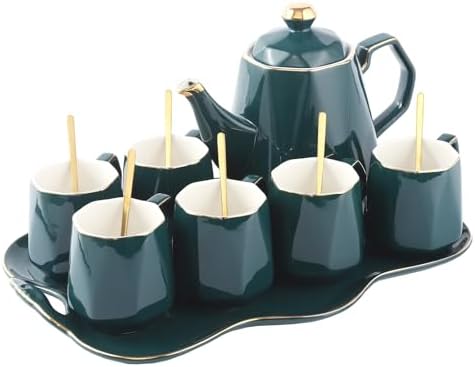 DUJUST 14 pcs Tea Set of 6 with Tray & Spoons, Modern Diamond Design Tea/Coffee Cup Set with Golden Trim, Chic Porcelain Living Room Decor, Fine-China Teapot Party Set, Gift Package - Green by DUJUST