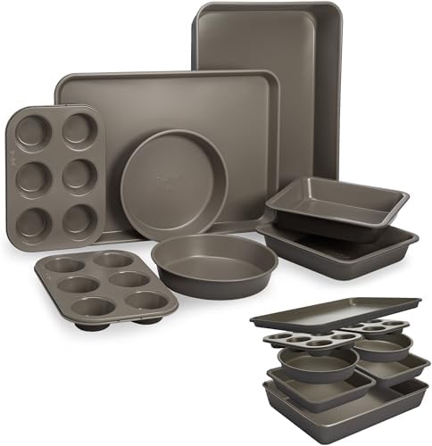 Goodful All-In-One Nonstick Bakeware Set, Stackable and Space Saving Design includes Round and Square Pans, Muffin Pans, Cookie Sheet and Roaster, Dishwasher Safe, 8-Piece, Graphite by Goodful