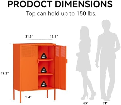 COFaR Orange Metal Storage Cabinet, 47”H Vibrant Coffee Bar & Buffet Sideboard with Adjustable Shelves, Fun Kitchen Organizer, Ventilated Steel Cabinet with Magnetic Doors for Dining Room, Office - Image 2