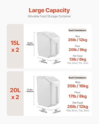 VEVOR Rice Storage Container, 3.5Gal/15Lx2 + 4.5Gal/20Lx2 Large Dog Food Dispenser Bin, Kitchen Ingredient Grain Cereal Bin, Pet food Containers with Wheels, 4 Measuring Cups, Airtight Lid, 4 Pack - Image 2
