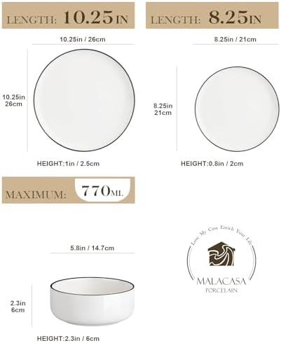 MALACASA 18 Pcs Porcelain Plates and Bowls Sets,Dinnerware Set for 6,White - Image 2