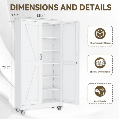 Metal Storage Cabinets with Wheels, Steel Tool Cabinets Lock Door and 5 Adjustable Shelves for Home Office, Garage, Kitchen (White, 73.6" H) - Image 2