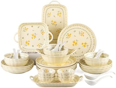 Ceramic Dinnerware Set, Series Kavara Ⅱ, (Yellow Spring Primrose) by FANGJING
