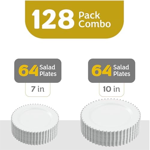 PLASTICPRO 128 Piece Combo Plastic Dinner Plates Disposable Plastic Fancy Heavy Duty Party Dishes 7 inch and 10 inch, White and Silver Beaded - Image 4