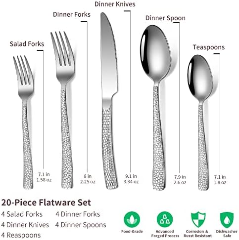 20-Piece Silverware Set, Silver Hammered Stainless Steel Flatware Sets for 4, Food-Grade Tableware Set, Including Fork Knife Spoon Set, Home Kitchen Cutlery Sets, Dishwasher Safe - Image 2