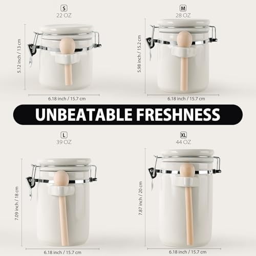 4 Piece Airtight Ceramic Canister Set With Attached Wooden Spoon Reusable Chalk Labels For Dry Goods Sugar Coffee Tea Kitchen Storage Use (White) - Image 6