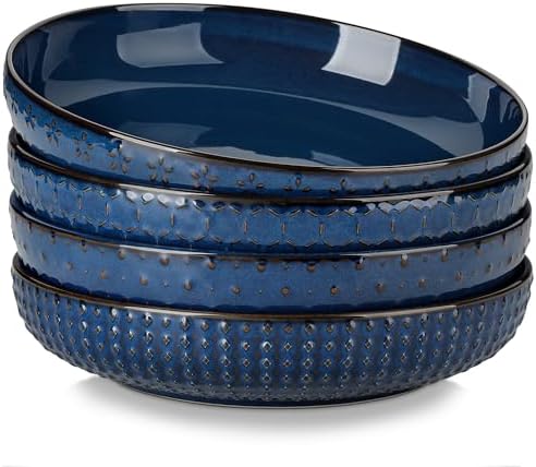 MALACASA 48 Oz Large Pasta Bowls, 9.5 Inch Ceramic Salad Bowls Serving Bowls, Wide and Shallow Plates Pasta Plates, Modern Relief Design, Microwave & Dishwasher Safe, Set of 4, Blue, Series LYDIA by MALACASA