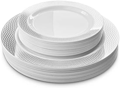 OCCASIONS 100 Plates Pack,(50 Guests) Heavyweight Premium Wedding Party Disposable Plastic Plates Set -50 x 10.5'' Dinner + 50 x 7.5'' Salad/Dessert (Diamond White & Silver) - Image 4