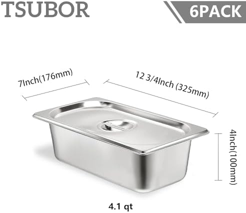 6 Pack Hotel Pans 1/3 Size 4" Deep Stainless Steel Steam Table Pan w/Lids - Image 2