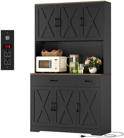 HOSTACK 71"H Kitchen Pantry Storage Cabinet, Farmhouse Hutch Cabinet, Black by HOSTACK