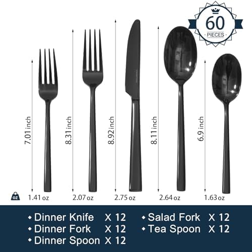 Black Silverware Set for 12, 60-Piece Stainless Steel Flatware Cutlery Set - Image 2