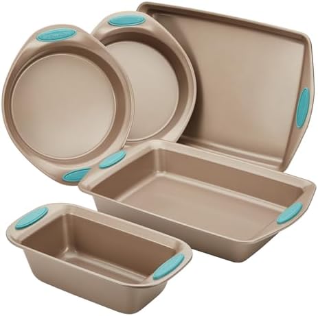 Rachael Ray Cucina Bakeware Set Includes Nonstick Bread Baking Cookie Sheet and Cake Pans, 5 Piece, Latte Brown with Agave Blue Grips by RachaelRayKitchenware