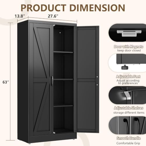 Black Metal Storage Cabinet, 63" Kitchen Pantry Cabinets for Office - Image 2