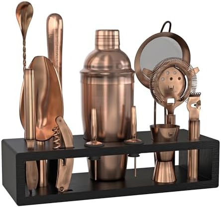 Highball & Chaser Bartender Kit with Espresso Bamboo Stand. Beautiful Cobbler Cocktail Shaker Set with Bar Tools Rustproof Stainless Steel Bar Set (Antique Copper) by HighballChaser