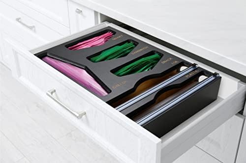 Bamboo Food Bag Organizer with Foil and Plastic Wrap Organizer, Kitchen Drawer Organizer, Wrap Dispenser with Cutter, for Gallon, Quart, Sandwich, Snack Bags and 12" Roll (Black) - Image 2