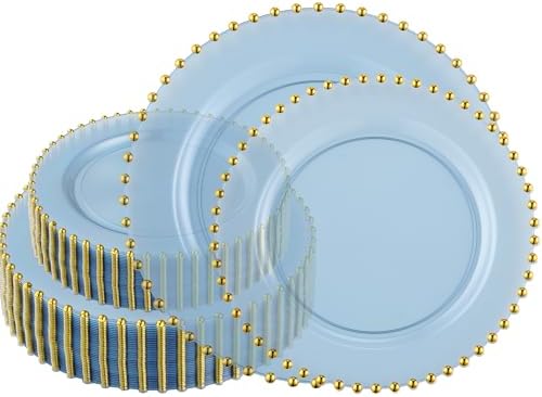 PLASTICPRO 128 Piece Combo Plastic Dinner Plates Disposable Plastic Fancy Heavy Duty Party Dishes 7 inch and 10 inch, Translucent Blue and Gold Beaded by PLASTICPRO