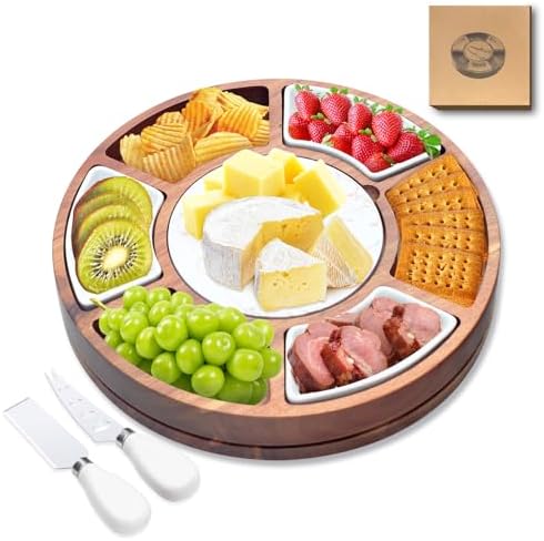 360° Rotating Lazy Susan Cheese & Charcuterie Board Set - 13.5" Acacia with Built-in Slate Chiller, 3 Ceramic Bowls & 2 Cheese Knives - Housewarming, Birthday & Wedding Gift by Unknown