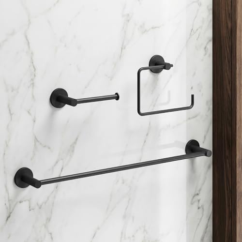 VIGO Cass 3 Pieces Bathroom Hardware Set, 24 inch Towel Bar, Hand Towel Holder, Toilet Paper Holder Wall Mounted, Stainless Steel Bath Accessory Set Matte Black Finish - Image 2
