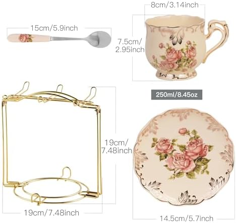 YOLIFE Tea Cups and Saucers Set of 6, 8 OZ Pink Rose Coffee Cups - Image 6