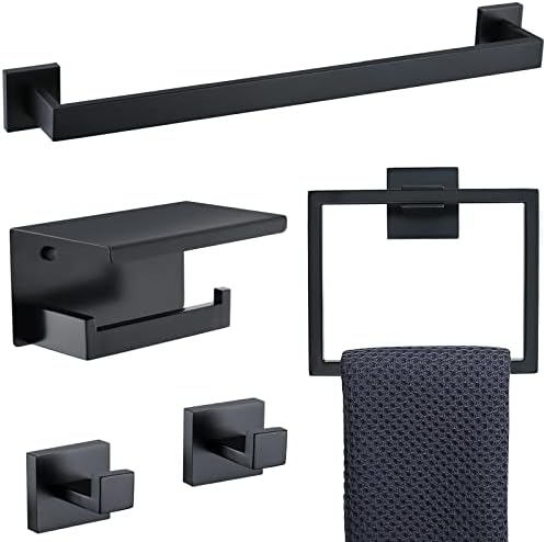 Black Towel Bar Set 5-Piece Bathroom Hardware Set Including 23.6 Inch Towel Bar,Towel Ring Towel Hook and Toilet Paper Holder with Shelf,Stainless Steel Bathroom Accessories Set by TNOMS