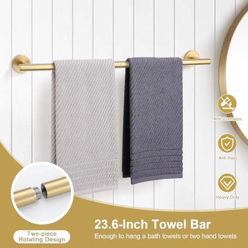 TQKAG 8-Pieces Bathroom Hardware Set, Brushed Gold Towel Bar Set 23.6 Inch - Image 2