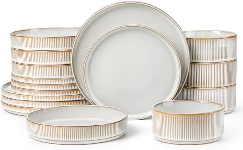 LIANYU Stoneware Dinnerware Sets with Pasta Bowls, 16 Piece Plates and Bowls Dishes Set for 4, Ribbed Dining Ware Dishware for Home, Microwave and Dishwasher Safe, Dawn Beige by LIANYU
