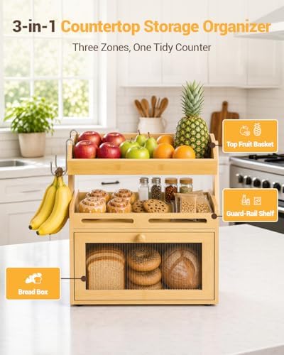 Bread Box for Kitchen Countertop, Bamboo Bread Storage with Fruit Basket - Image 2
