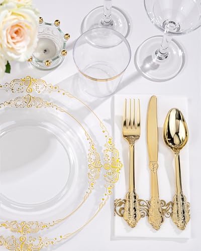 Nervure 350Pcs Clear Gold Plastic Plates, Dinnerware Sets for 50 Guests - Image 6