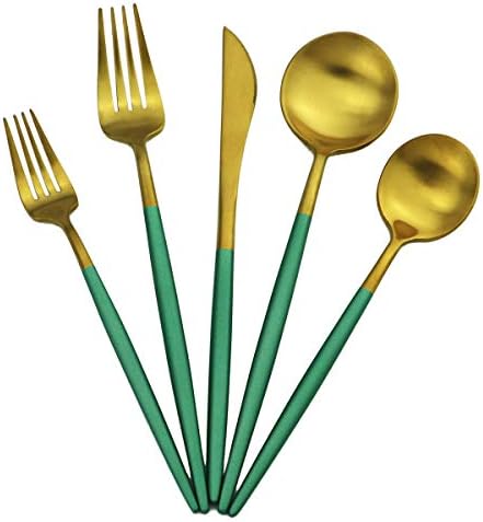 Green Handle Matte Gold Silverware, Gugrida 5-Piece 18/10 Stainless Steel Flatware Set, Kitchen Utensils, Tableware Travel Cutlery for Camping Office Lunch, Satin Finish, Dishwasher Safe by Gugrida