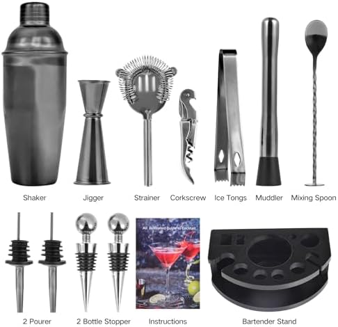 Safring Bartender Kit with Stand, 12-Piece Bar Set | 24oz Cocktail Shaker Set for Drink Mixing, Martini Shaker Set with Bar Tools, Recipes Booklet | Fun Housewarming Gift (Black) - Image 2