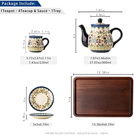 polish pottery style porcelain ceramic 10 piece Tea set,7.2oz tea cup and sauce set of 4,28.2oz teapot and 1wooden tray. (The tulip) - Image 2