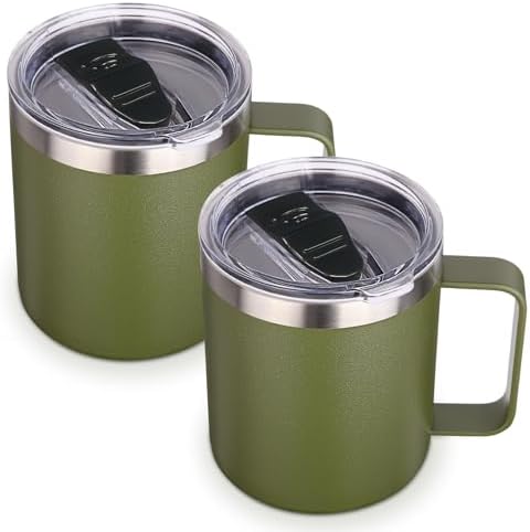 Volhoply 14oz Insulated Stainless Steel Coffee Mug with Lid Bulk 2 Pack,Double Wall Vacuum Travel Coffee Cup with Handle,Reusable Cups Tumbler,Camping Mugs Keep Hot,Ideal Gifts(Army Green,2) by LiveFully%EF%BC%8CDrinkFreely%E2%80%94KeepGoingwithVolhoply%EF%BC%81