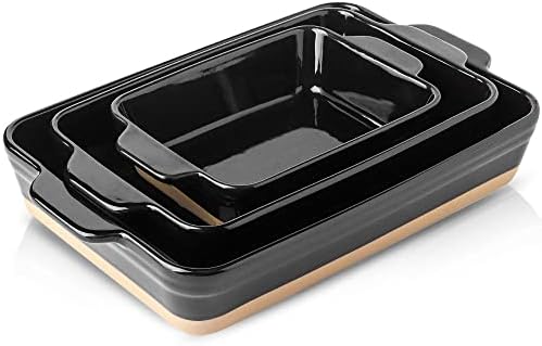 HVH Baking Dish Set, 9x13 Baking Dish, Ceramic Lasagne Pan Deep, Large Casserole Dish Set, Baking Dishes for Casseroles 13 x 9, Ceramic Bakeware Set of 3, Farmhouse Style (Black) by HVH
