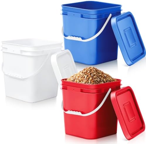 Mumufy 3 Pcs 3.5 Gallon Square Food Grade Bucket with Lid Square Bucket Pail Plastic Handles for Long Term Food Storage, Camping, Fishing, Home Organization Easy Stack and Store (White,Red,Blue) by Mumufy
