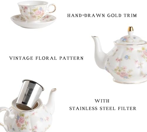 Sweejar Porcelain Tea Set Vintage Floral, British Relief Gold Rim Teapot Cup and Saucer Sets, 22-Piece Tea Sets for Adults, with Teapot, Sugar Bowl, Milk Jug, Spoons, Cup and Saucer (Small Flower) - Image 2